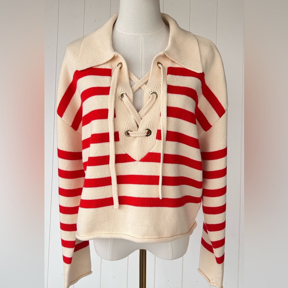 Marled Women’s Criss Cross Lace‎ Striped Sweater Collared Size Large